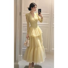 Womens V-neck Mesh Dress Spring/summer 2025 Waist Cinched Cake Dress Long Skirt