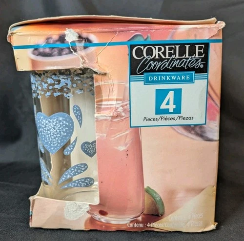 New In Box CORELLE Blue Hearts 16 OZ. TUMBLERS/DRINKING Glasses set 4 VINTAGE