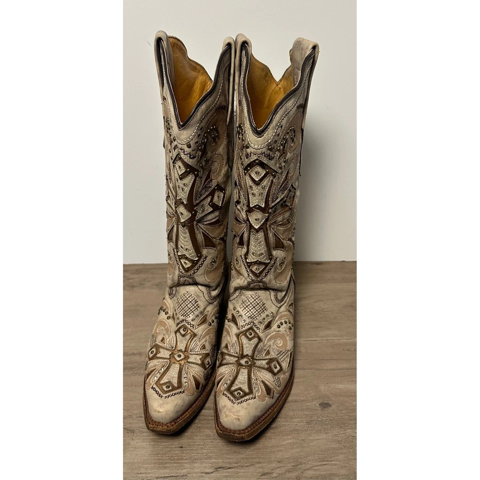 Corral Sadler Distressed Leather Metallic Insert Rhinestone Cowboy Boots Size 6 - Image 3 of 4