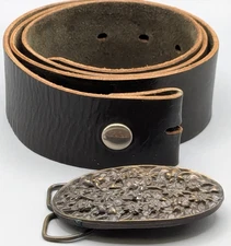 1974 Brass Works Belt Buckle Flower Design by Bergamot w Leather Belt