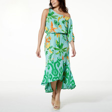 G by Giuliana Dress Sz 2X Dobby EcoVero Off-the-Shoulder Maxi Blue Green Hi Low