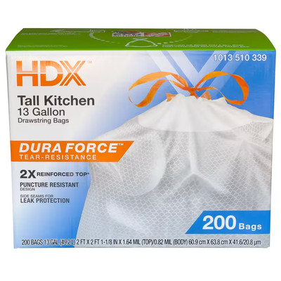 13 Gallon Reinforced Top Drawstring Unscented Kitchen Tall Trash Bags with 20% P