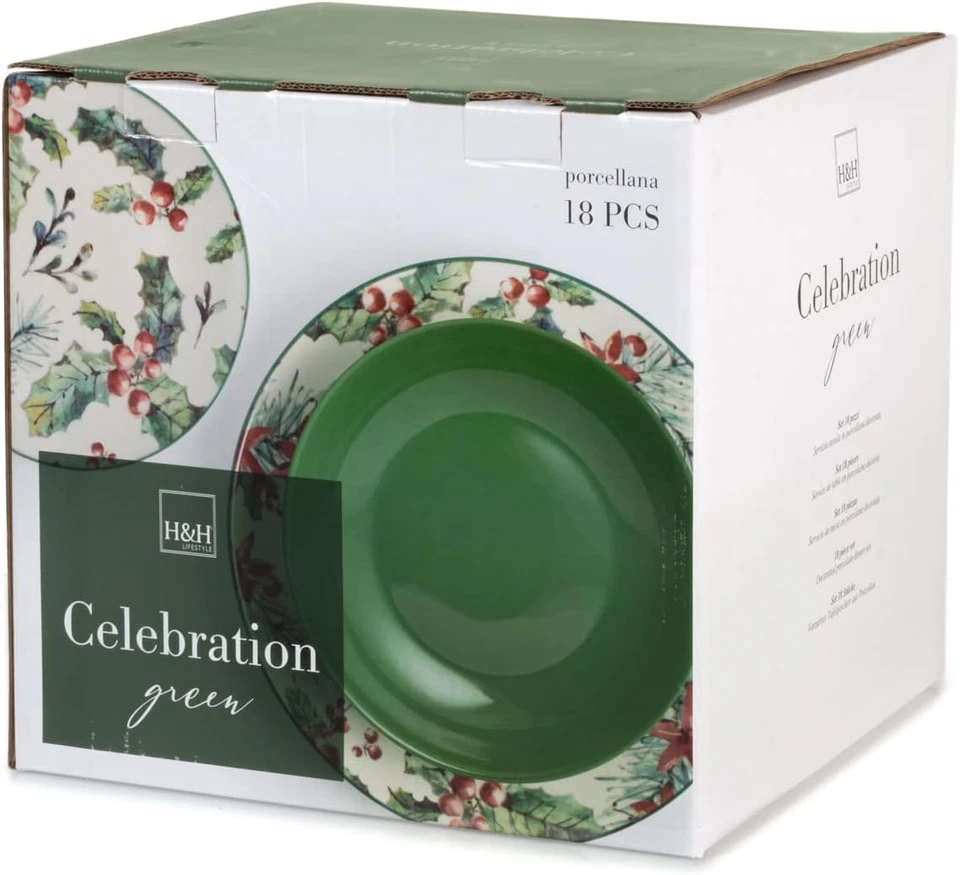 Servizio Tavola 18 Pezzi in Porcellana – Collezione Celebration Verde – Set Piat - Immagine 2 di 4