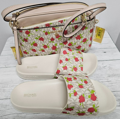 Michael Kors Jet Set Crossbody Bag White Floral Wristlet Pink Leather Slides 7.5