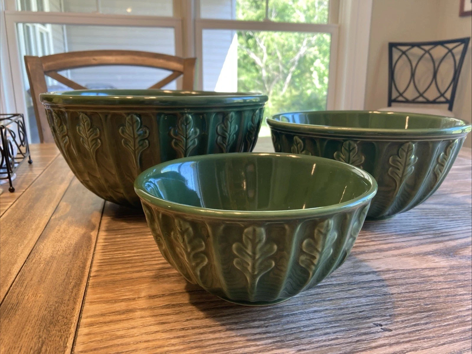 Vintage Green Oak Leaf Mixing Bowls Full Set Furio Home 10.75”, 8.75" and 7”