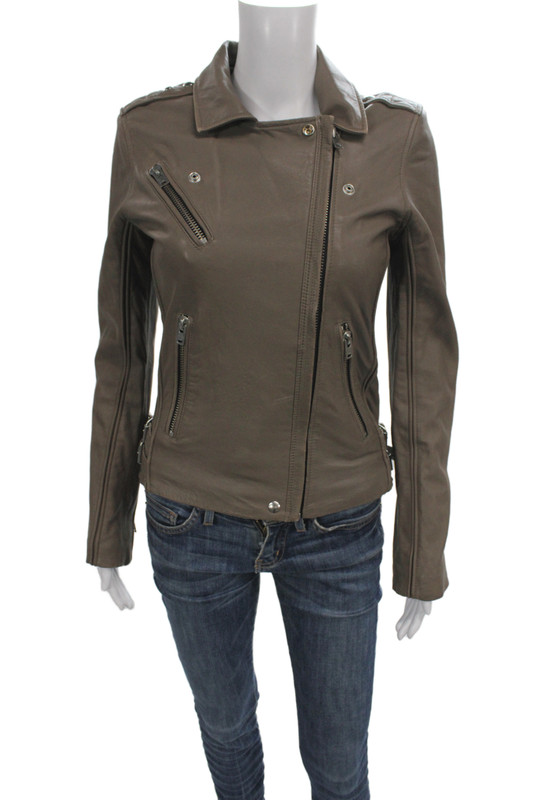 IRO Womens Biker Lamb Leather Brown Button Collared Jacket Size 38