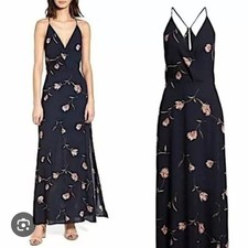 LUSH S Navy Floral Surplice Side Slit Maxi Dress Women