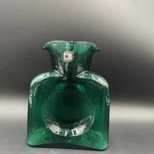 Vintage Blenko Emerald Green Glass Double Spout Water Bottle, 8" With Sticker