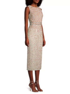 NEW MAC DUGGAL Beige SEQUIN Embellished SLEEVELESS Sheath MIDI Cocktail  DRESS 4 | eBay UK