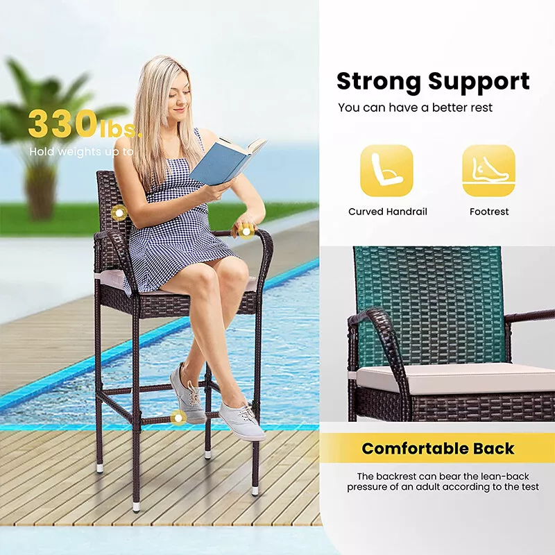 Set of 4 Indooor Outdoor Backyard Patio Wicker Barstool Bar Stools w/ Cushion - Image 3 of 4