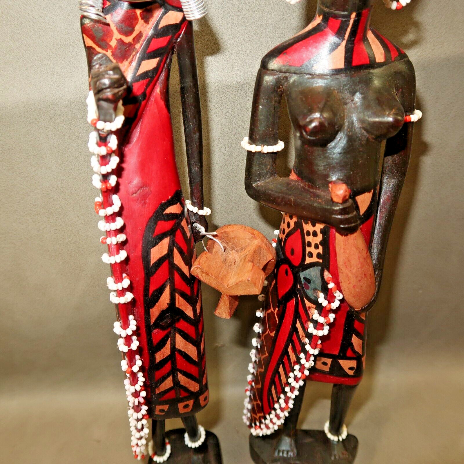 PAIR of Maasai African Mahogany Wood Woman and Man Beaded Figures Carved 12"