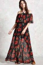 Forever 21 Blcak Red Off-the-Shoulder Maxi Dress Small S