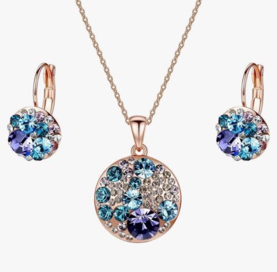 EVEVIC Austrian Crystal Round Disc Pendant Necklace Earring Set New
