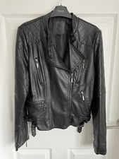 Ladies Black Max Jeans Faux Leather Short Full Zip Biker Style Jacket Size Small
