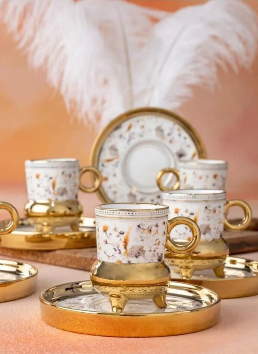 Elegant Porcelain Turkish Coffee Cup Set Golden Arabic Coffee Set With  Saucers | eBay
