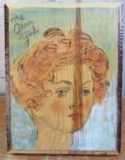 Vintage Wood Painting  Burning L Rollins The Gitson Girl 5.5x7