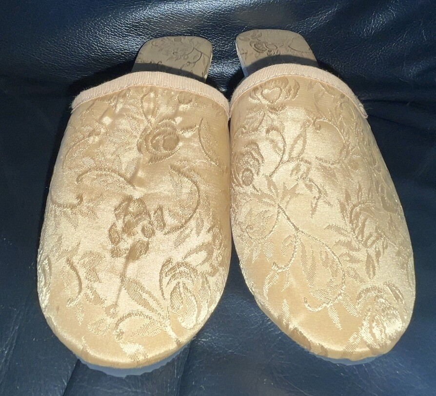 PANTOFOLA D’ORO PANTOFOLE DONNA TAGLIA UK 3 ORO RICAMATE MULE CON TACCO MAI INDOSSATE DEBENHAMS