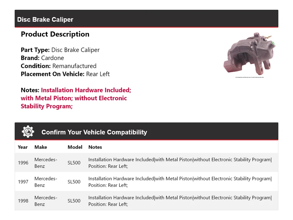 For 1996-1998 Mercedes-Benz SL500 Disc Brake Caliper Rear Left Cardone 1997 - Image 2 of 4