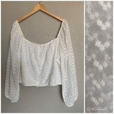 Heatherly Size XXL Ivory Cropped Blouse Embroidered Square Neck Long Sleeve NWT