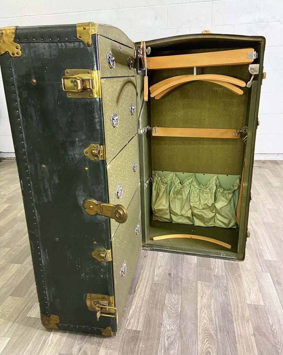 Antique Early 1900s Innovation Brand Green Steamer Trunk Suitcase