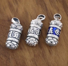 925 Sterling Silver &Brass Lotus Om Cylindrical Prayer Box Locket Pendant A2440