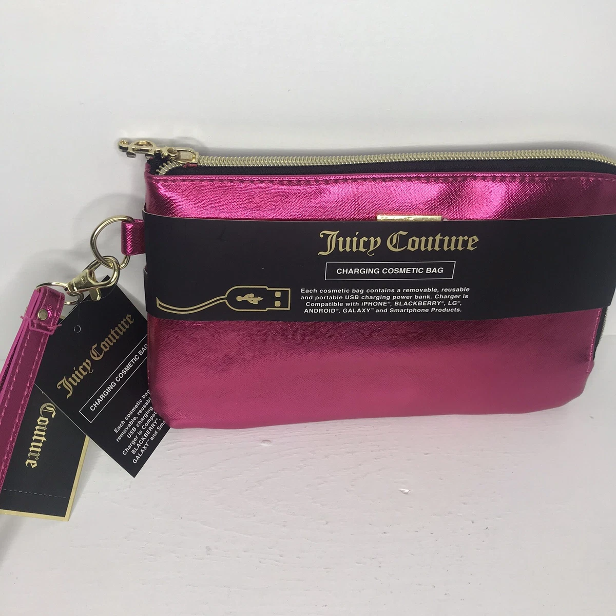 Juicy Couture Phone Charging Cosmetic Bag Wristlet Iridescent Pink