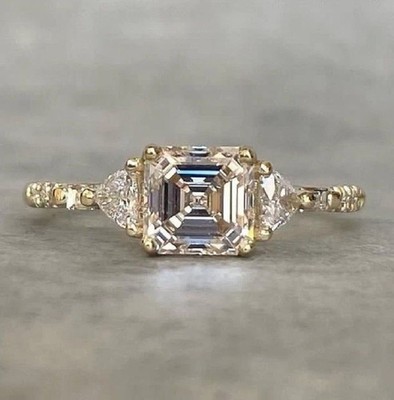 2Ct Asscher Cut Real Moissanite Solitaire Engagement Ring 14K Yellow Gold Plated