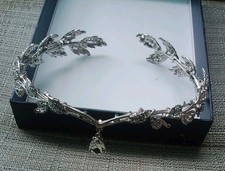 Silver-Tone Leaf Vine Metal Headband Tiara w/ Clear Crystal Teardrop Dangle