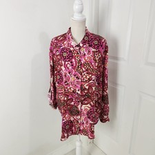 Johnny Was Top Womens XL Pink Bright Florals Silk Jade Art To Wear Boho Bold