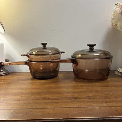 VISION Corning Ware Amber 1.5L Double Boiler Sauce Pan W Teflon&2.5L Sauce Pan