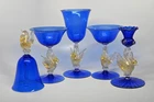 Vintage Murano Style Cobalt Blue Swan Stem Art Glass Goblets Set of 5
