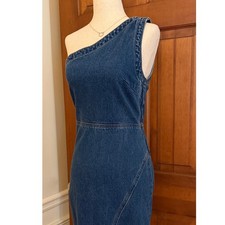 NWT Forever 21 Off-Shoulder Denim Maxi Dress Womens Small Raw Hem Sexy Side Zip