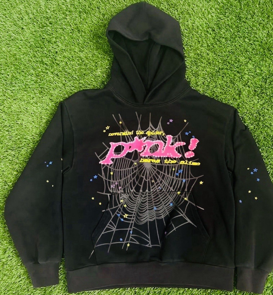 SP5DER Black Pullover Hoodie S Fleece Graphic Spider Web Stars