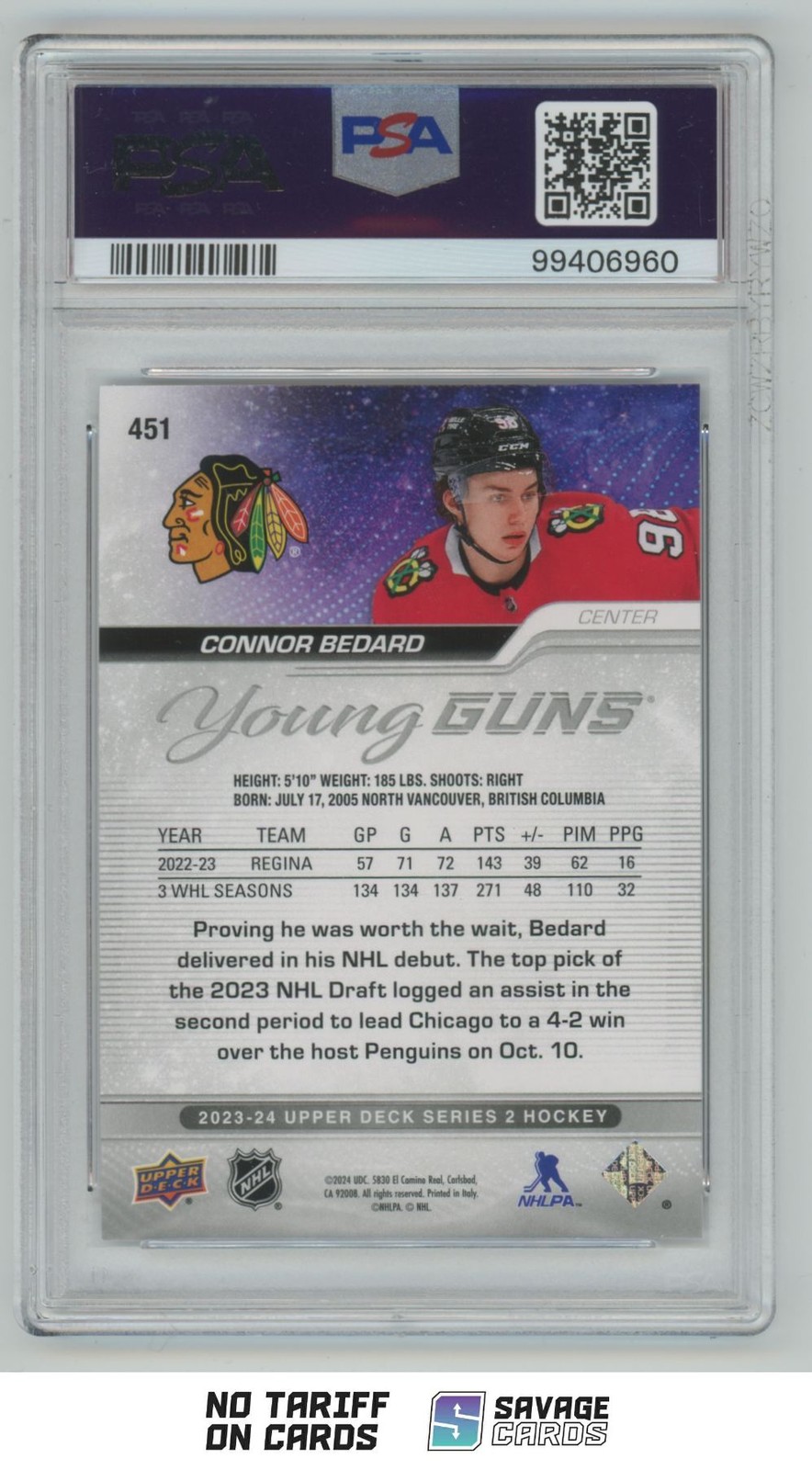 2023-24 Upper Deck Young Guns Connor Bedard PSA 9 #451 Chicago Blackhawks view 2