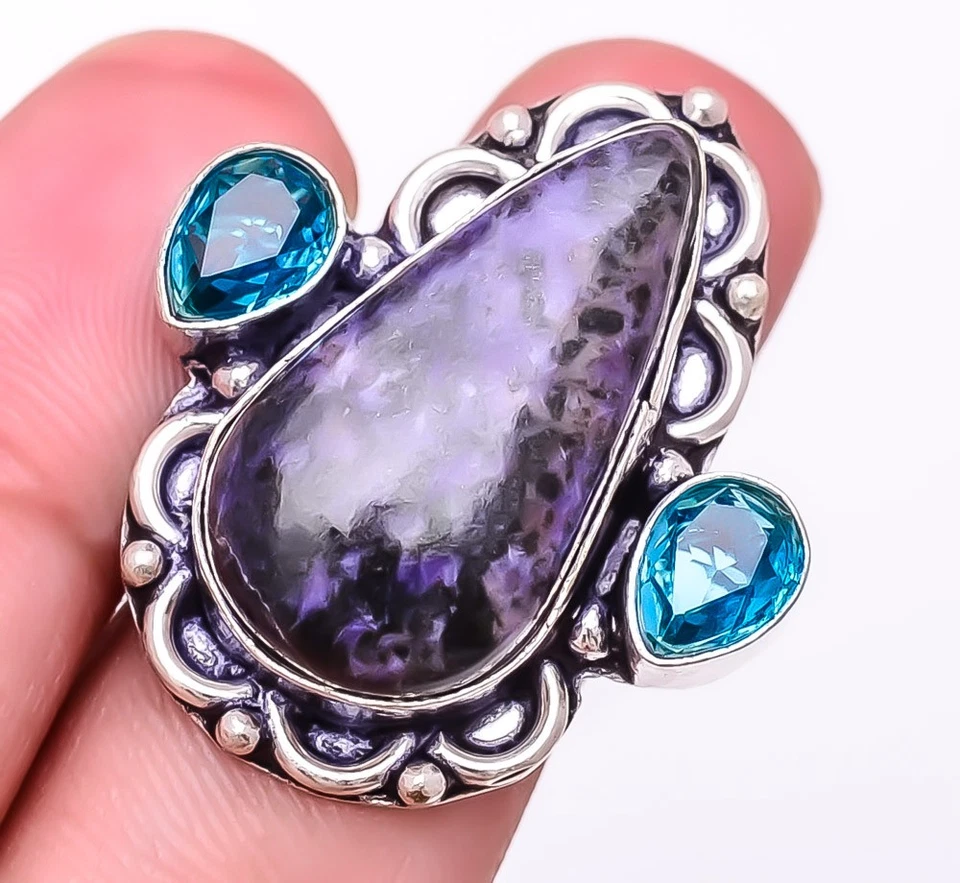 Anillo Joyería Charoite Natural Ruso, Topacio Azul Chapado en Plata s.6.5 M13 Foto 2 de 4