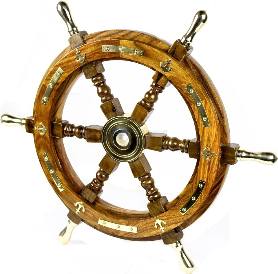 Nave náutica premium marinero de latón y madera rueda de 18 pulgadas | Regalo de lujo Foto 2 de 4