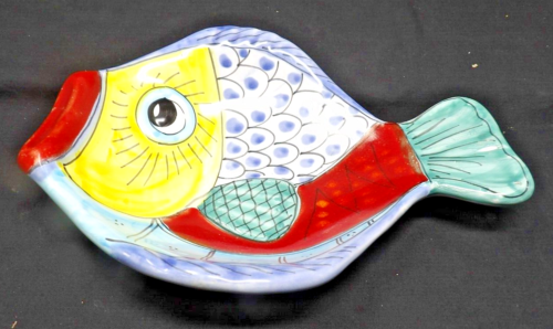 Vietri Italian Hand Painted Stoneware Fish Shaped Dish Bowl 10" Long - Picture 1 of 4