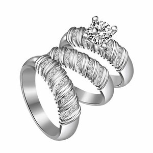 Authentic Trio Wedding Ring Sets Round Simulated Diamond 14k White Gold Plated Sterling