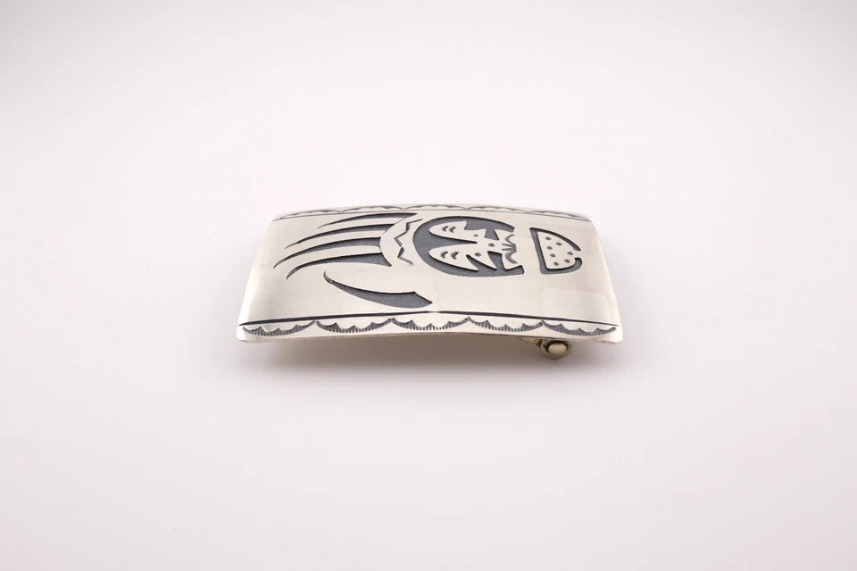 Handcrafted Navajo Belt Buckle Sterling Silver Bear Paw Overlay Design Signed - Image 2 of 4