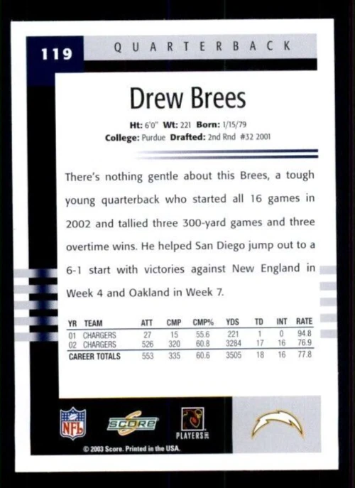 2003 Score #119 Drew Brees. - Image 2 of 2
