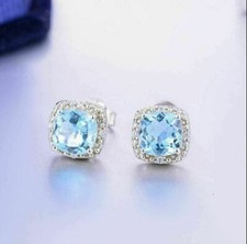 2Ct Cushion Cut Lab Created Aquamarine Halo Stud Earrings 14K White Gold Plated
