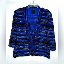 Ming Wang Sapphire Blue Black Metallic Fringe Knit Button Jacket Sz PXL