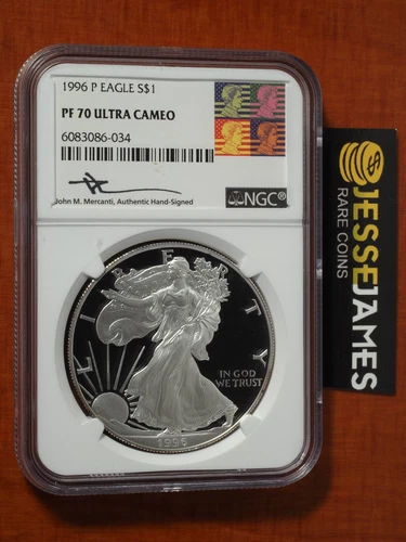 1996 P PROOF SILVER EAGLE NGC PF70 ULTRA CAMEO JOHN MERCANTI SIGNED ART LABEL!