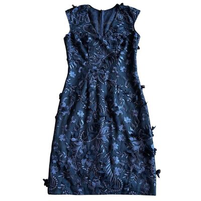 Carmen Marc Valvo Infusion Navy 3D Floral Lace Illusion Dress Size.6 Women's