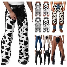 Mens Cow Print Chap Pants Cowboy Costume Hippie Trousers Pants Costume Clubwear
