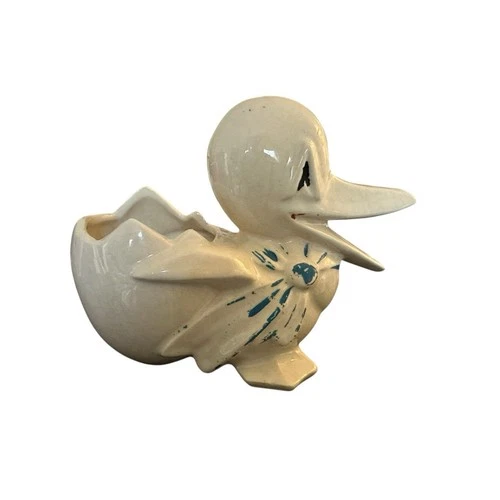 Vintage McCoy Ceramic Duck with Egg Planter white with red and blue paint