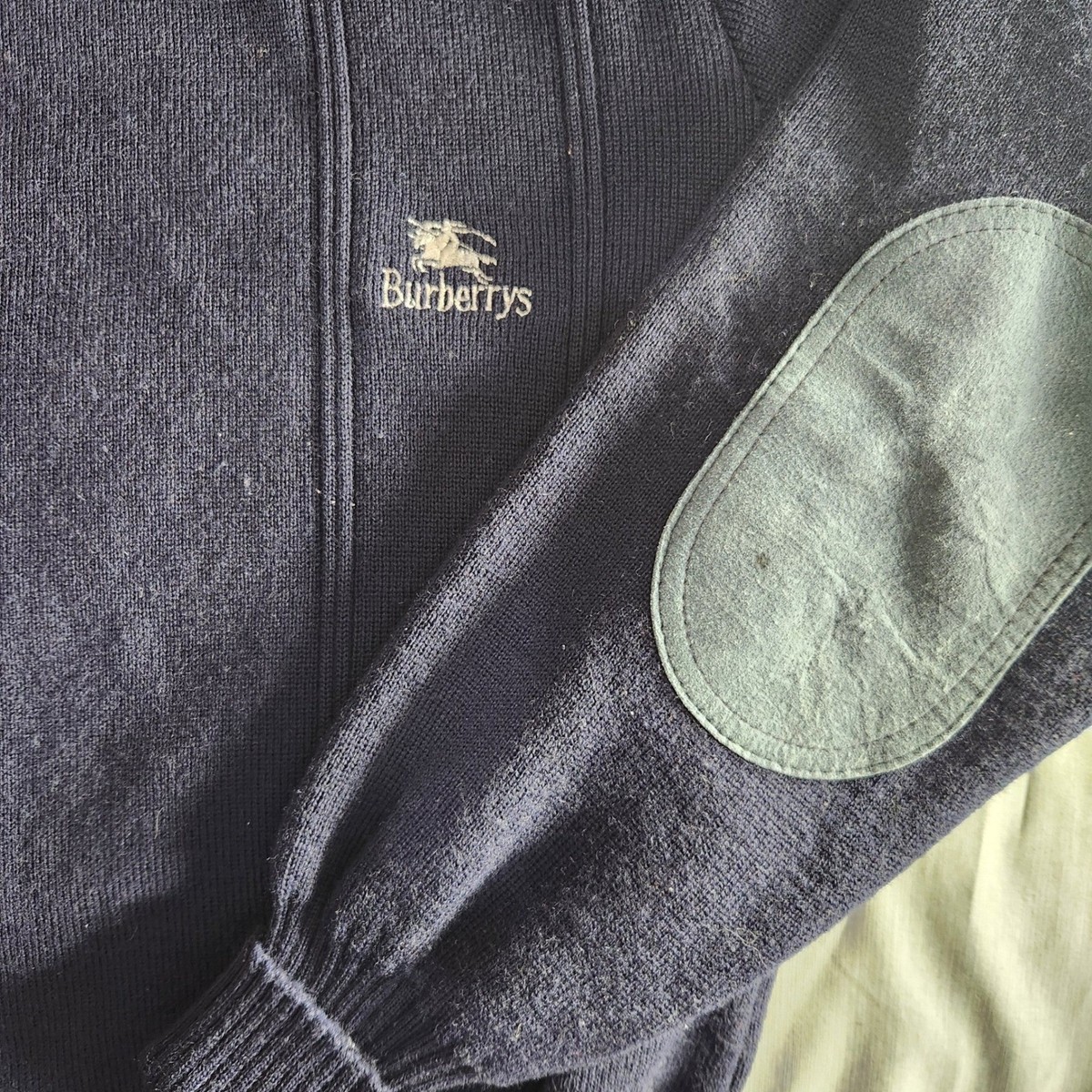 Vintage Burberrys Sweater XL Navy Wool Leather Shoulder