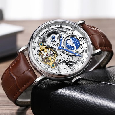 Herren Armbanduhr automatisch mechanisch Dual Time Zone skelettiert wasserdicht
