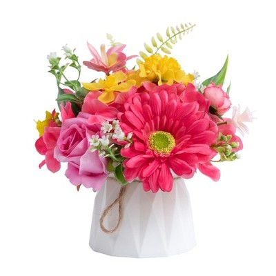 Small Fake Flowers Plastic Vase 7 Inch Centerpiece Silk Arrangement Yellow