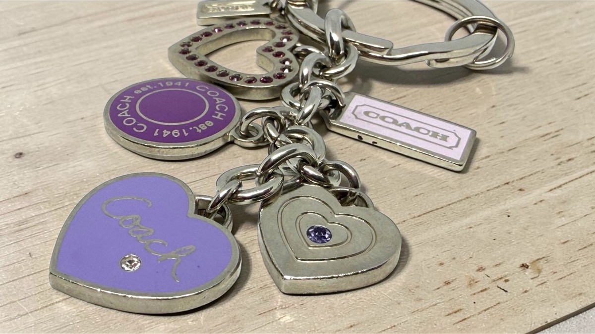 COACH Heart Charm Keychain Purple Silver Bag Charm Key Ring Logo